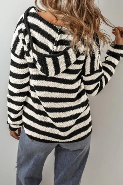 Online Dear-Lover V Neck Pocketed Drawstring Hooded Sweater White Stripe