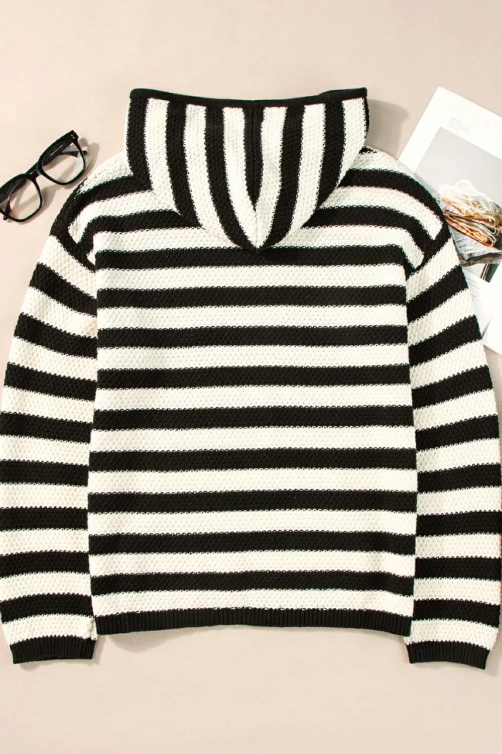 Online Dear-Lover V Neck Pocketed Drawstring Hooded Sweater White Stripe