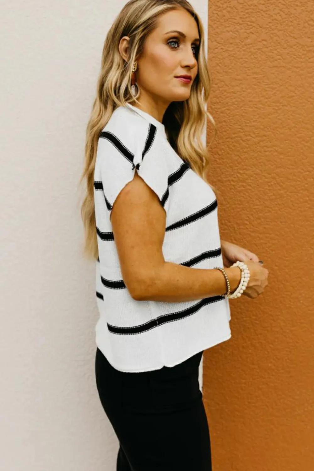 Fashion Dear-Lover Striped Batwing Sleeve Sweater Tee White