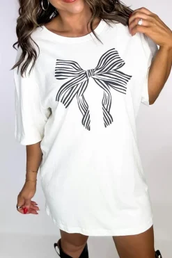 Fashion Dear-Lover Striped Bow Knot Half Sleeve Tunic T Shirt White