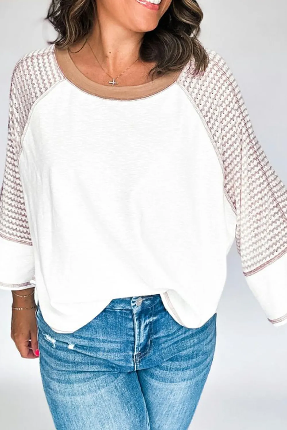 Online Dear-Lover Striped Bracelet Sleeve Raglan Patchwork Top White
