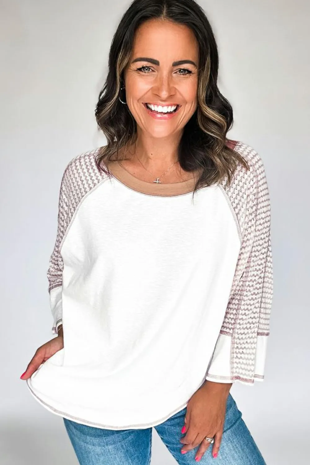 Online Dear-Lover Striped Bracelet Sleeve Raglan Patchwork Top White