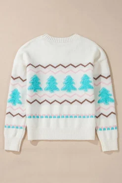 Sale Dear-Lover Striped Christmas Tree Ribbed Trim Drop Shoulder Sweater White