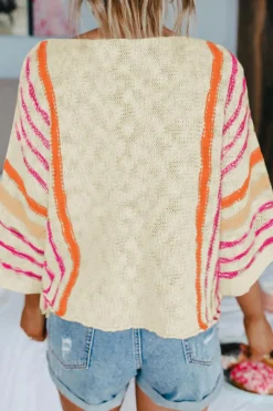 Sale Dear-Lover Striped Detail Wide Sleeve Lightweight Knitted Sweater White