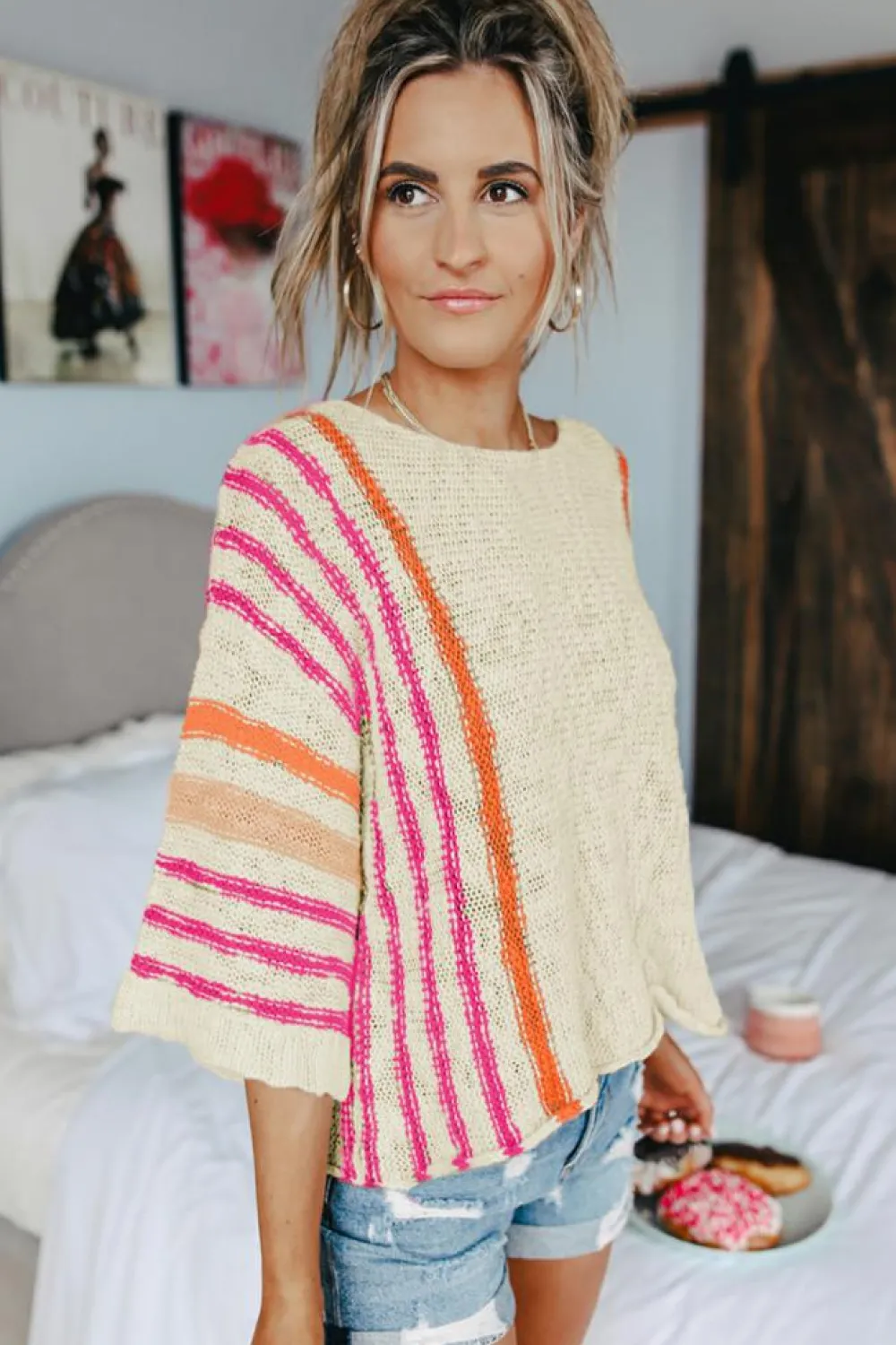 Sale Dear-Lover Striped Detail Wide Sleeve Lightweight Knitted Sweater White