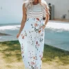 New Dear-Lover Striped Floral Print Sleeveless Maxi Dress with Pocket White
