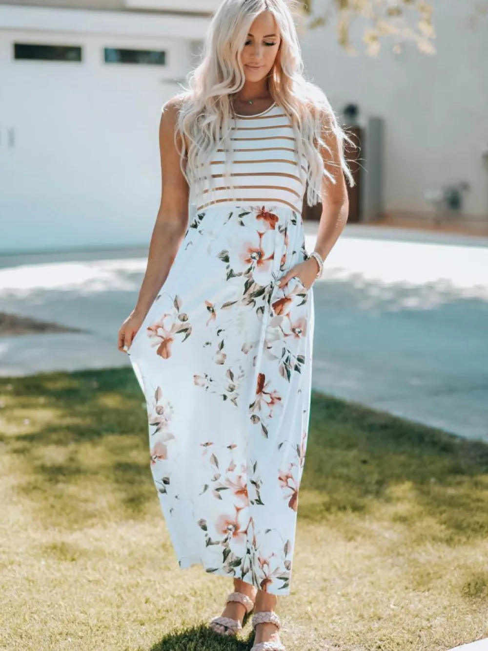 New Dear-Lover Striped Floral Print Sleeveless Maxi Dress with Pocket White