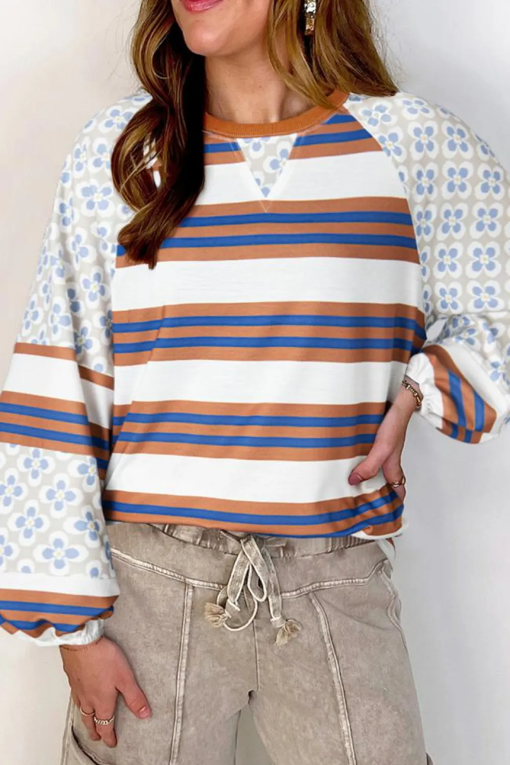 Discount Dear-Lover Striped Floral Printed Patchwork Lantern Sleeve Blouse White