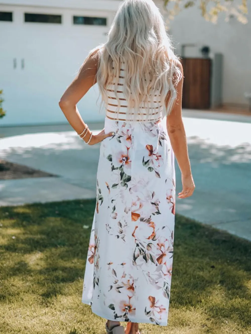 New Dear-Lover Striped Floral Print Sleeveless Maxi Dress with Pocket White