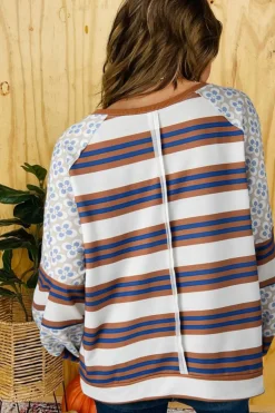 Discount Dear-Lover Striped Floral Printed Patchwork Lantern Sleeve Blouse White