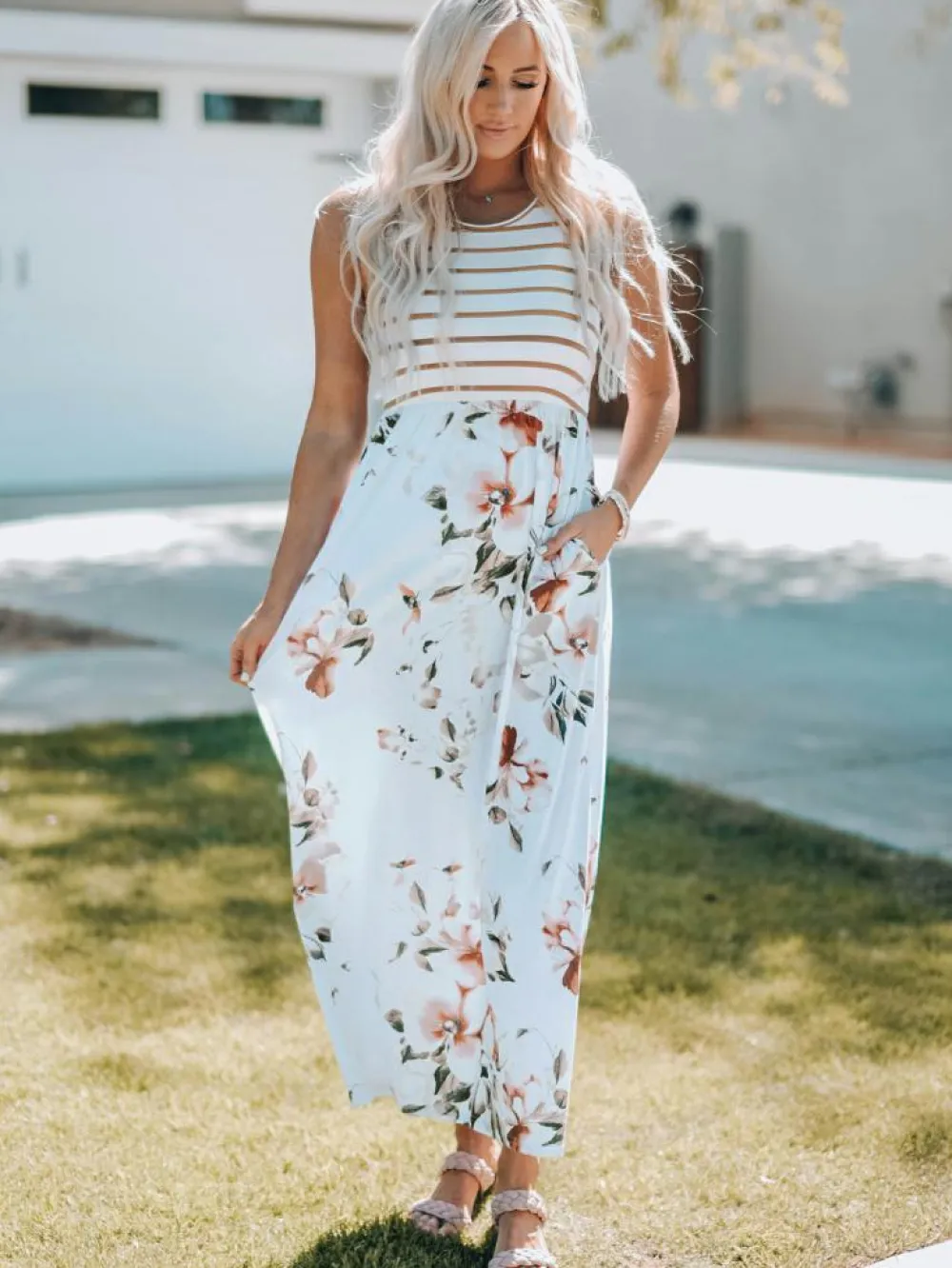 New Dear-Lover Striped Floral Print Sleeveless Maxi Dress with Pocket White