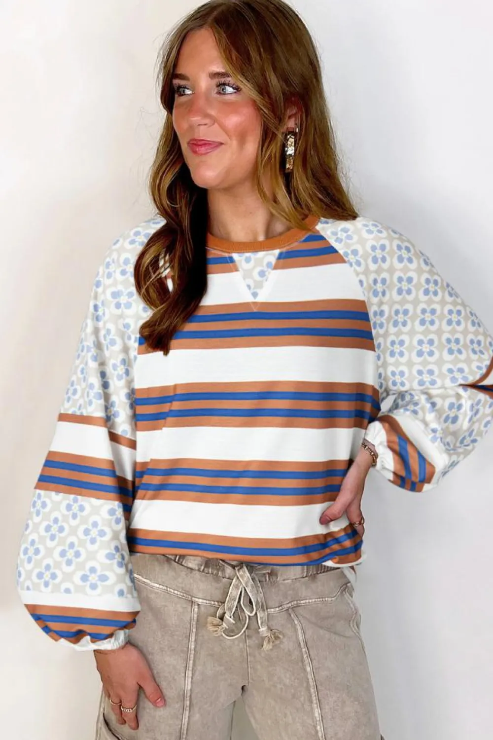 Discount Dear-Lover Striped Floral Printed Patchwork Lantern Sleeve Blouse White