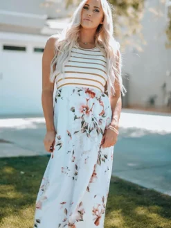 New Dear-Lover Striped Floral Print Sleeveless Maxi Dress with Pocket White