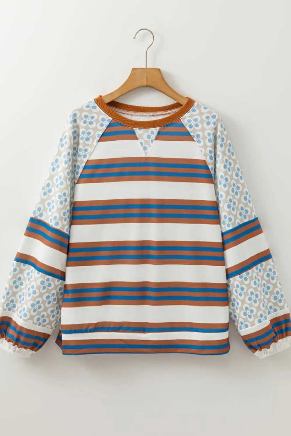 Discount Dear-Lover Striped Floral Printed Patchwork Lantern Sleeve Blouse White