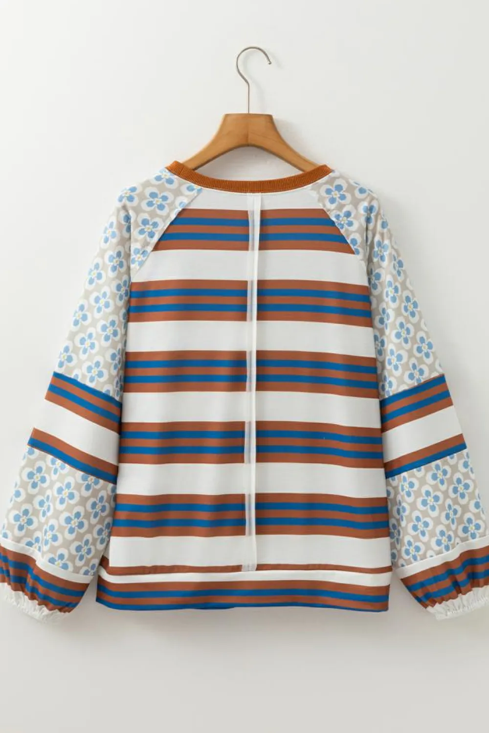 Discount Dear-Lover Striped Floral Printed Patchwork Lantern Sleeve Blouse White