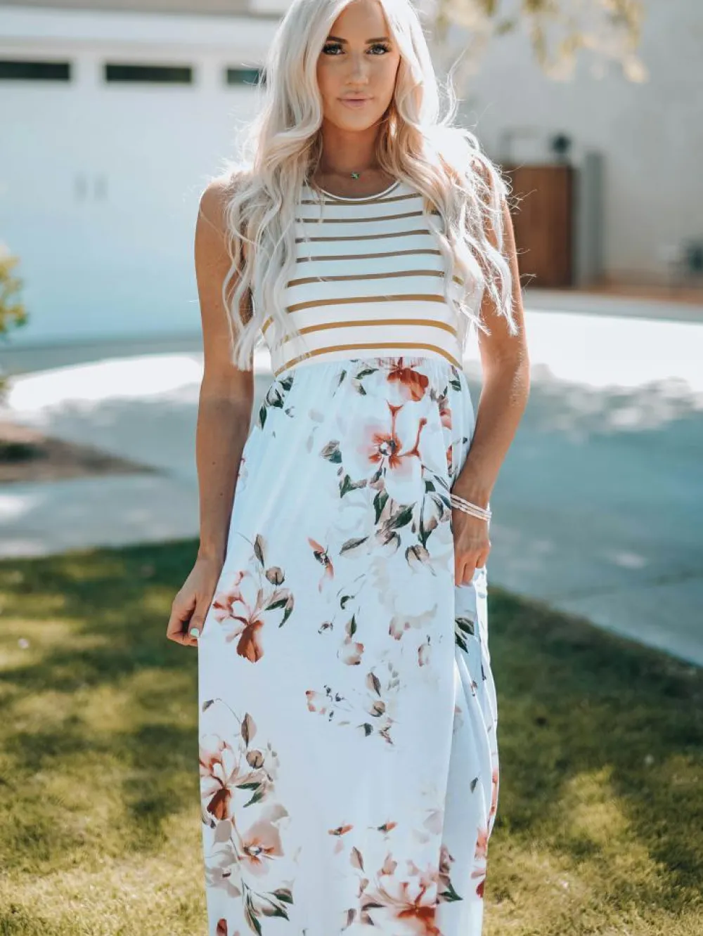 New Dear-Lover Striped Floral Print Sleeveless Maxi Dress with Pocket White