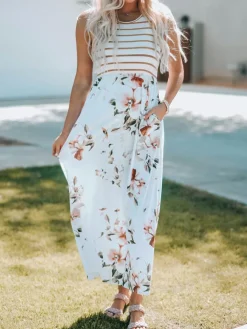 New Dear-Lover Striped Floral Print Sleeveless Maxi Dress with Pocket White