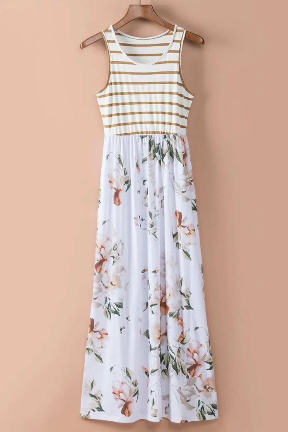 New Dear-Lover Striped Floral Print Sleeveless Maxi Dress with Pocket White