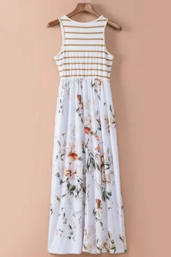 New Dear-Lover Striped Floral Print Sleeveless Maxi Dress with Pocket White