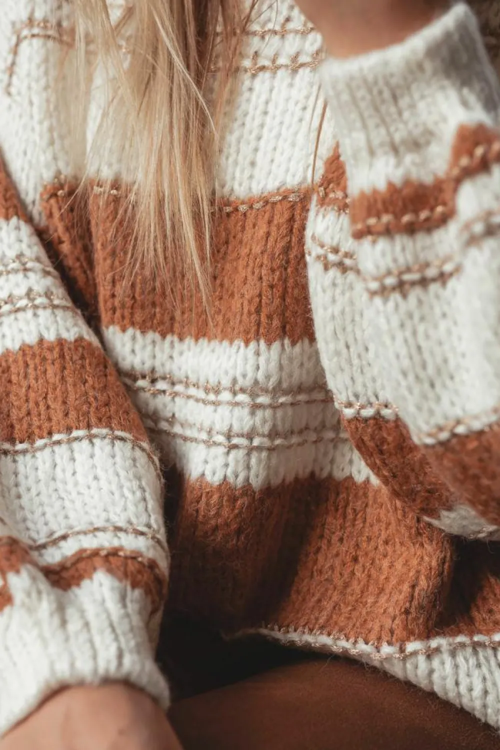 Best Dear-Lover Striped Knit Puff Sleeve Casual Sweater White