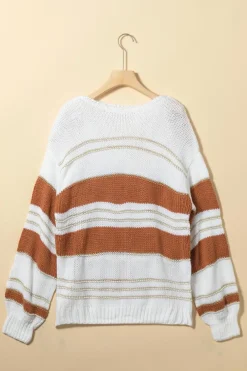 Best Dear-Lover Striped Knit Puff Sleeve Casual Sweater White