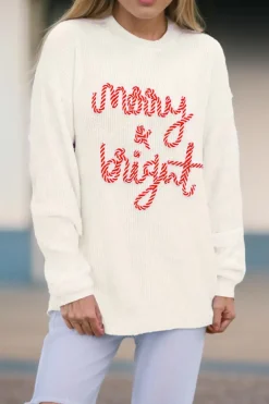 Hot Dear-Lover Striped Merry Bright Letter Christmas Sweater White