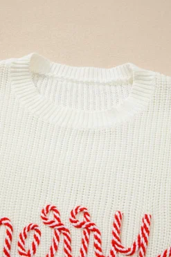 Hot Dear-Lover Striped Merry Bright Letter Christmas Sweater White