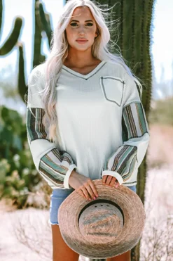 Online Dear-Lover Striped Patchwork Exposed Seam Waffle Knit Top White