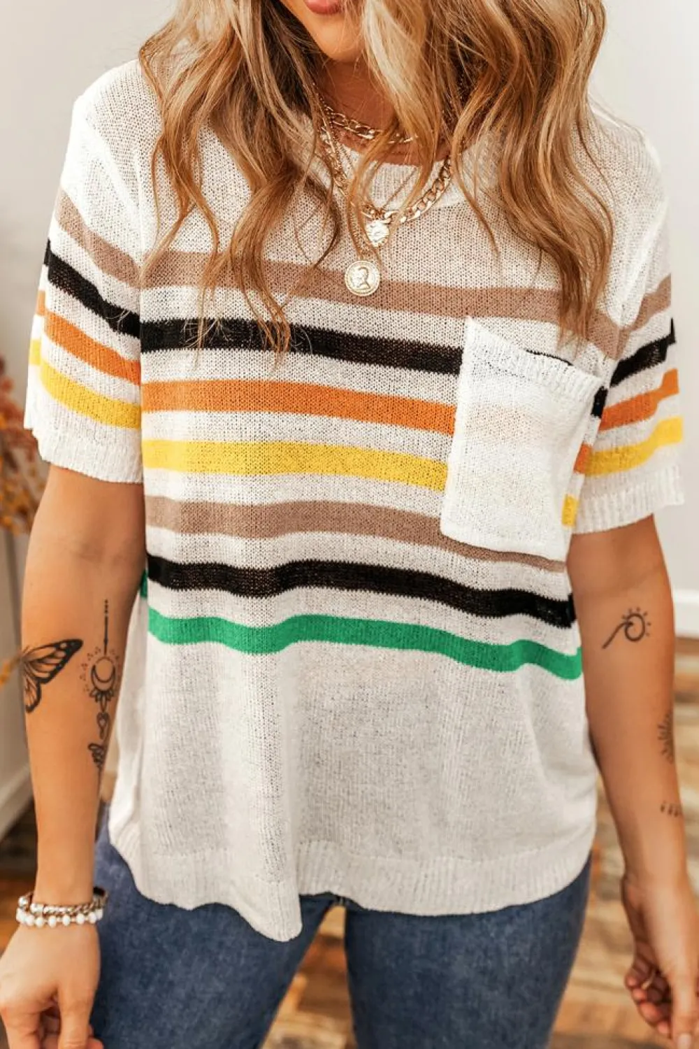 Fashion Dear-Lover Striped Pocketed Loose Fit Crewneck Knitted T Shirt White