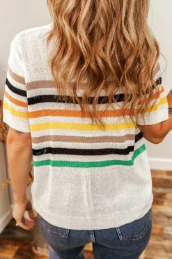 Fashion Dear-Lover Striped Pocketed Loose Fit Crewneck Knitted T Shirt White