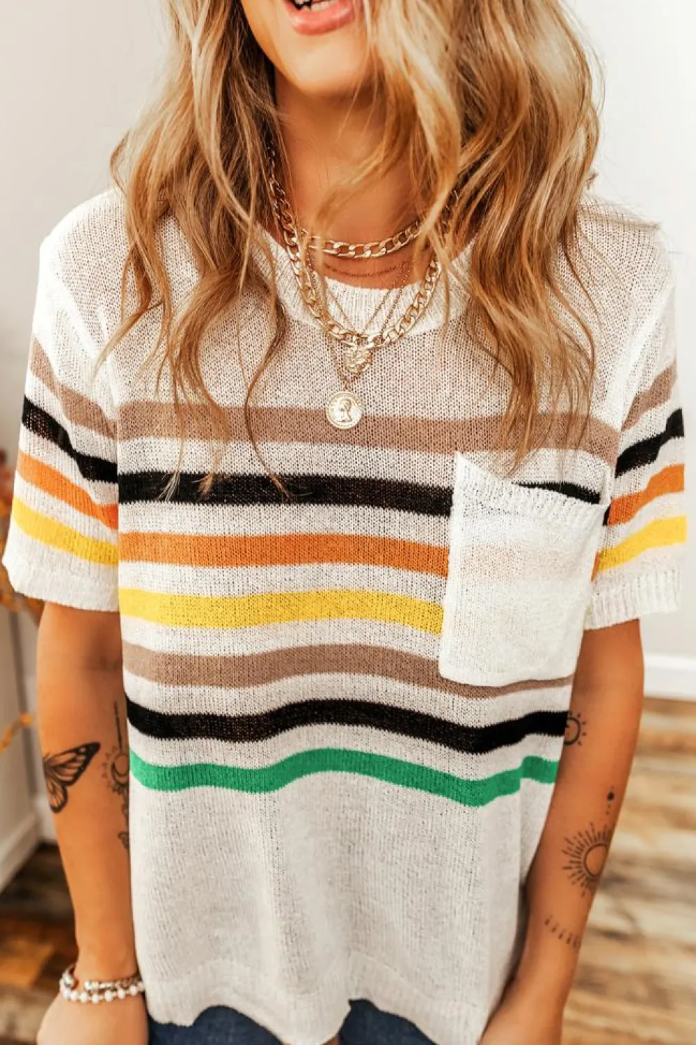 Fashion Dear-Lover Striped Pocketed Loose Fit Crewneck Knitted T Shirt White