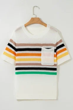 Fashion Dear-Lover Striped Pocketed Loose Fit Crewneck Knitted T Shirt White