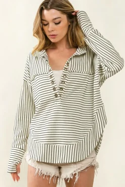 Clearance Dear-Lover Striped Thumbhole Drop Shoulder V Neck Top White