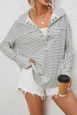 Clearance Dear-Lover Striped Thumbhole Drop Shoulder V Neck Top White