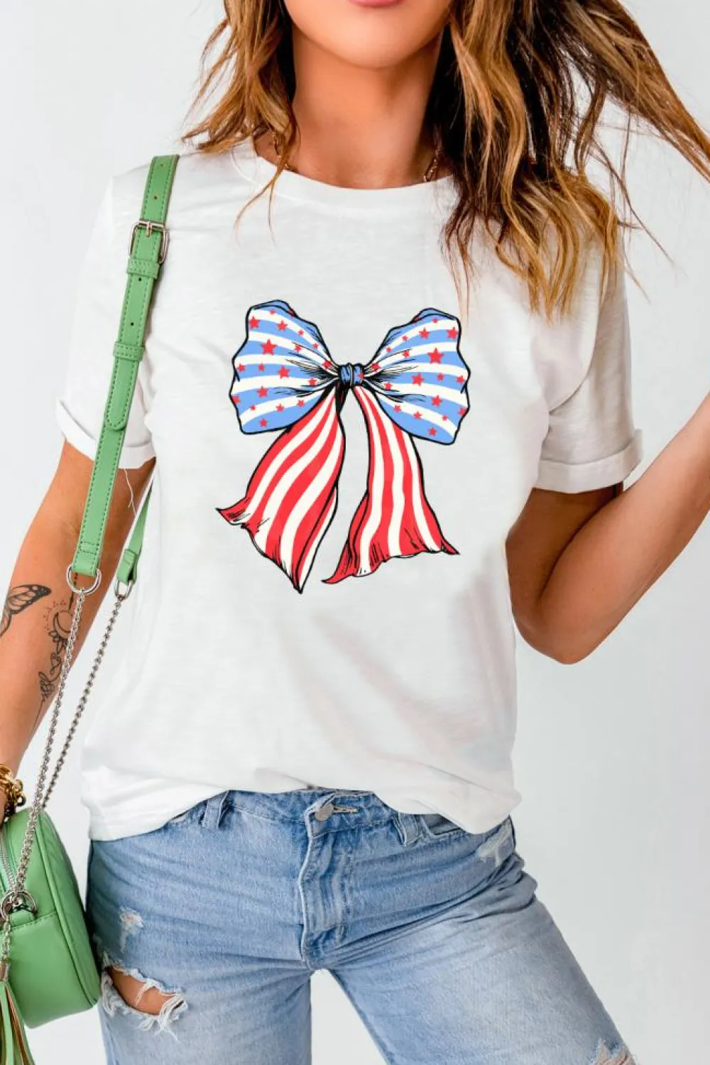 Outlet Dear-Lover Stripes and Stars Bowknot Print T Shirt White