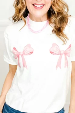 Clearance Dear-Lover Sweet Bow Knot Print O Neck Casual T Shirt White