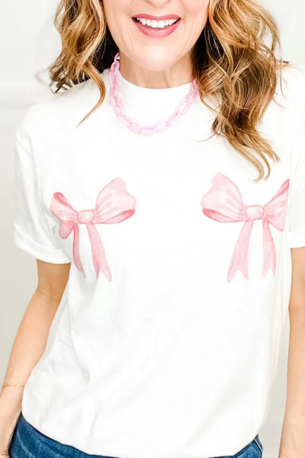 Clearance Dear-Lover Sweet Bow Knot Print O Neck Casual T Shirt White
