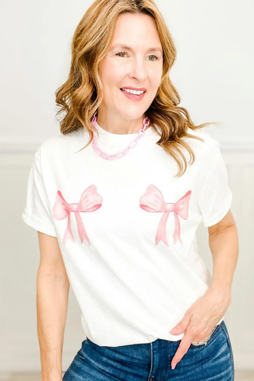 Clearance Dear-Lover Sweet Bow Knot Print O Neck Casual T Shirt White