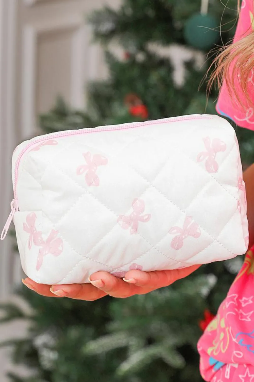 Fashion Dear-Lover Sweet Bow Knot Print Quilted Zipper Cosmetic Bag White