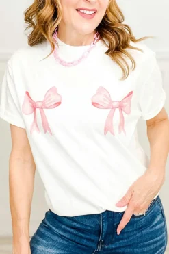 Clearance Dear-Lover Sweet Bow Knot Print O Neck Casual T Shirt White