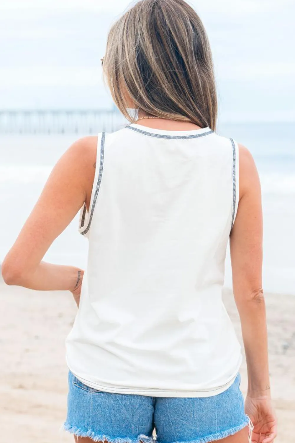 Outlet Dear-Lover Sweet Bow Stitching Trim Sleeveless Top White