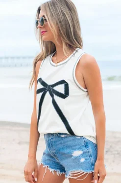 Outlet Dear-Lover Sweet Bow Stitching Trim Sleeveless Top White