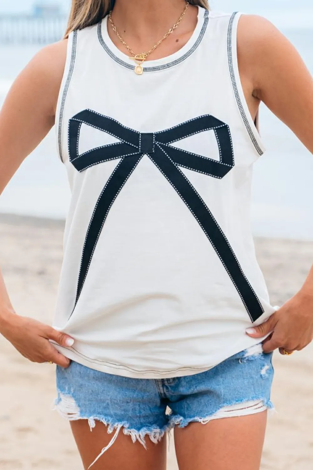 Outlet Dear-Lover Sweet Bow Stitching Trim Sleeveless Top White