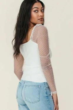 Clearance Dear-Lover Swiss Dot Mesh Long Sleeve Square Neck Slim Top White
