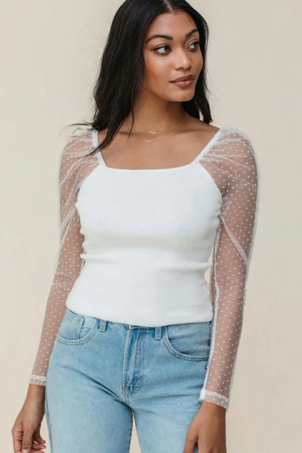 Clearance Dear-Lover Swiss Dot Mesh Long Sleeve Square Neck Slim Top White