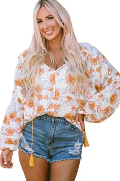 Discount Dear-Lover Tassel Tie V Neck Bubble Sleeve Floral Blouse White