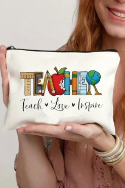 Outlet Dear-Lover TEACHER Graphic Print Zipper Cosmetic Bag White