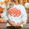Online Dear-Lover Terry Halloween Pumpkin Patched Pattern Pullover Sweatshirt White