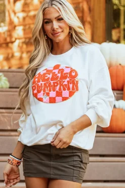 Online Dear-Lover Terry Halloween Pumpkin Patched Pattern Pullover Sweatshirt White