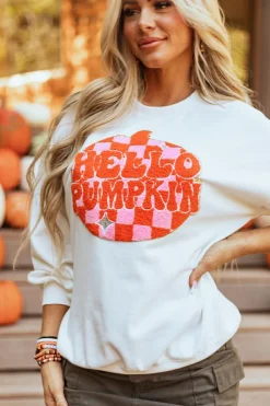 Online Dear-Lover Terry Halloween Pumpkin Patched Pattern Pullover Sweatshirt White
